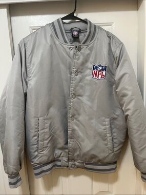 NFL Men’s Light Gray Satin Bomber Jacket with Embroidered Crest
